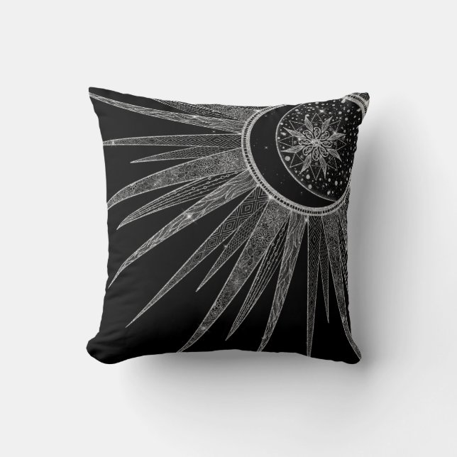 Elegant Silver Sun Moon Mandala Black Design Cushion (Front)