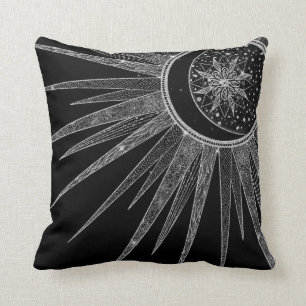 Elegant Silver Sun Moon Mandala Black Design Cushion