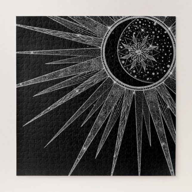 Elegant Silver Sun Moon Mandala Black Design Jigsaw Puzzle (Vertical)