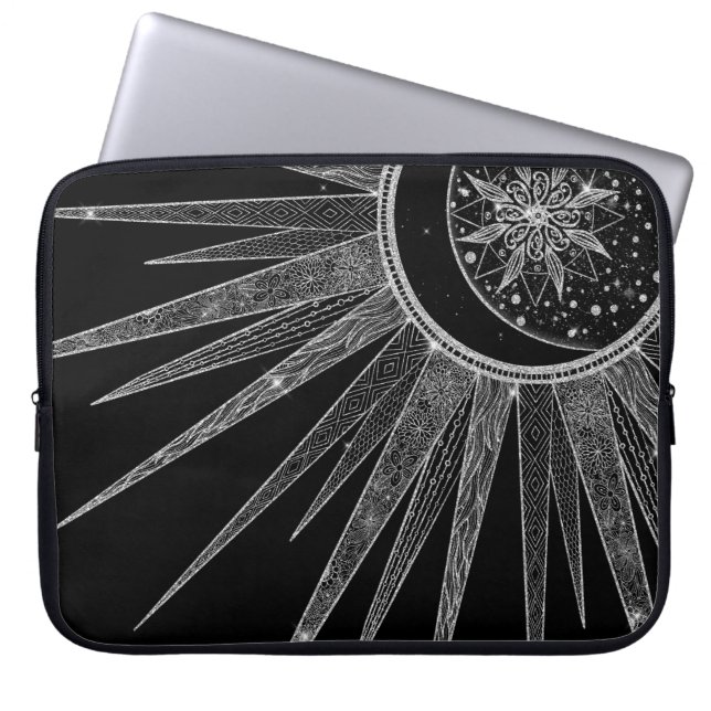 Elegant Silver Sun Moon Mandala Black Design Laptop Sleeve (Front)