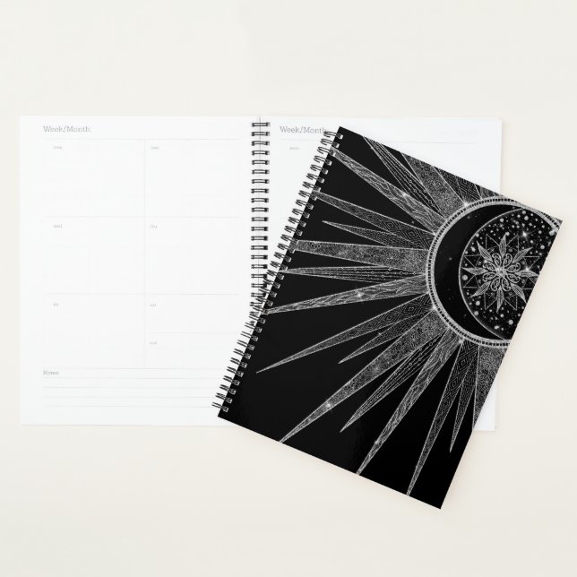 Elegant Silver Sun Moon Mandala Black Design Planner (Display)