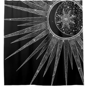 Elegant Silver Sun Moon Mandala Black Design Shower Curtain
