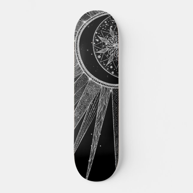 Elegant Silver Sun Moon Mandala Black Design Skateboard (Front)