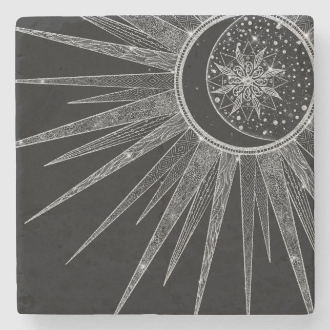Elegant Silver Sun Moon Mandala Black Design Stone Coaster (Front)