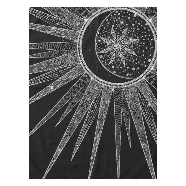 Elegant Silver Sun Moon Mandala Black Design Tablecloth (Front)