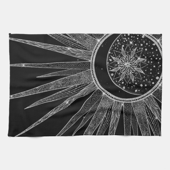 Elegant Silver Sun Moon Mandala Black Design Tea Towel (Horizontal)