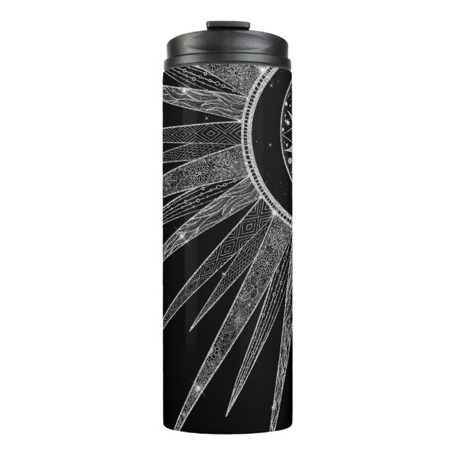 Elegant Silver Sun Moon Mandala Black Design Thermal Tumbler (Front)