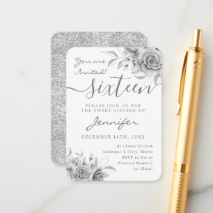 Elegant Silver Sweet 16 Glitter Floral Invite