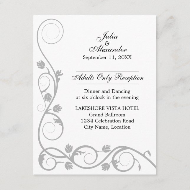Elegant Silver Swirls Reception Cards (Front)