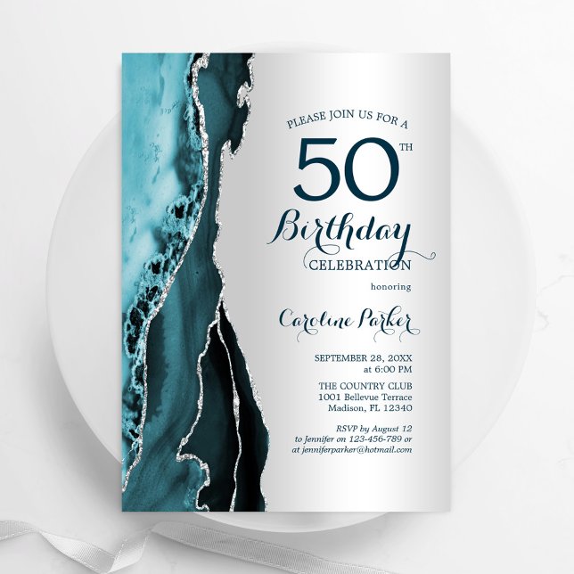 Elegant Silver Teal Agate 50th Birthday Invitation (Creator Uploaded)