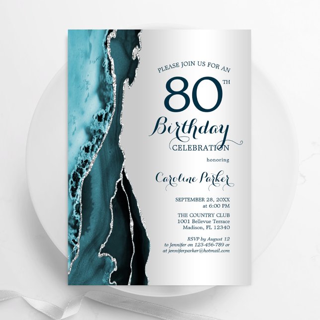 Elegant Silver Teal Agate 80th Birthday Invitation (Creator Uploaded)