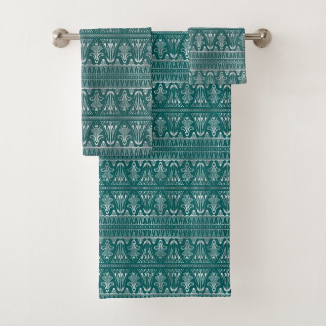 Elegant Silver Teal Art Deco Bath Towel Set (Insitu)