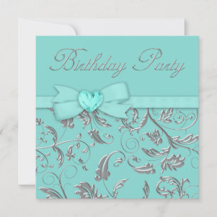 Elegant Silver Teal Blue Birthday Party Invitation
