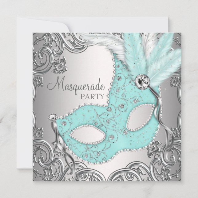 Elegant Silver Teal Blue Masquerade Party Invitation (Front)