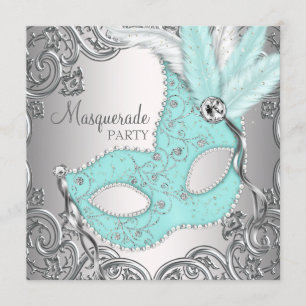 Elegant Silver Teal Blue Masquerade Party Invitation