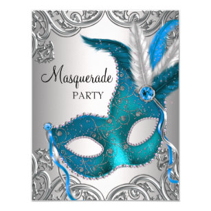 Elegant Silver Teal Blue Masquerade Party Invitation