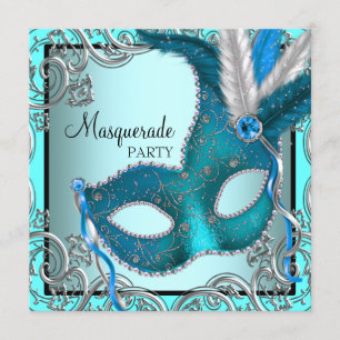 Elegant Silver Teal Blue Masquerade Party Invitation