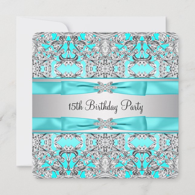 Elegant Silver Teal Blue Quinceanera Invitation (Front)