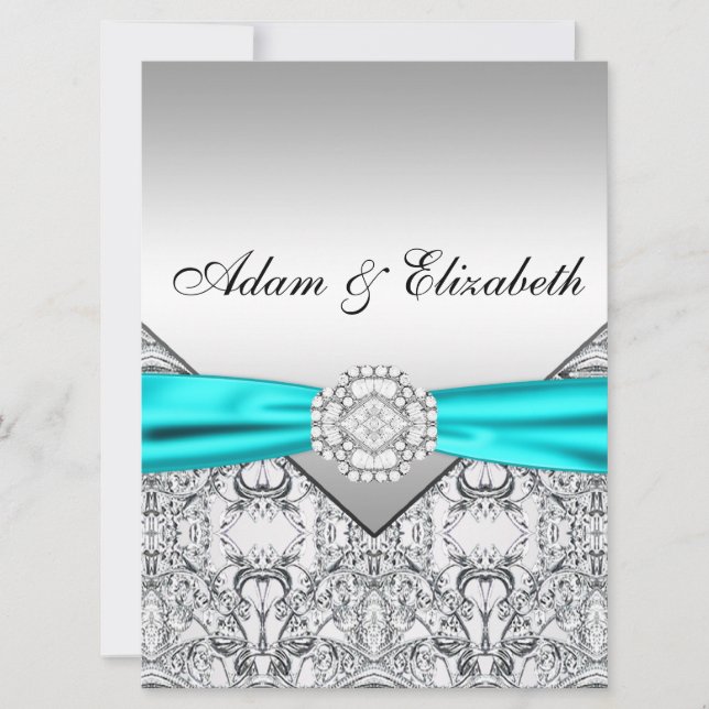 Elegant Silver Teal Blue Wedding Invitations (Front)