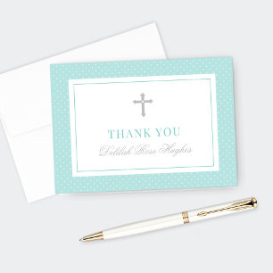Elegant Silver Teal Girl First Communion Thank You Card