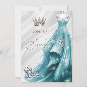 Elegant Silver Teal Sparkle Dress Sweet 16 Invitation