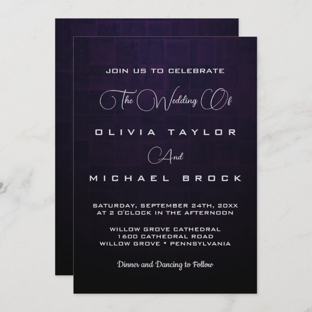 Elegant silver text on dark background wedding invitation (Front/Back)