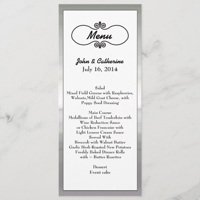 Elegant Silver Tone Framed Wedding Table Menu (Front)