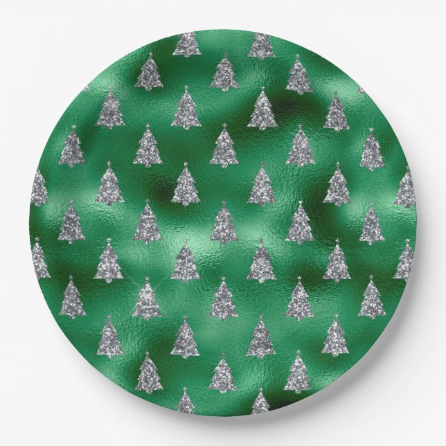 Elegant Silver Trees Christmas Paper Plate (Front)