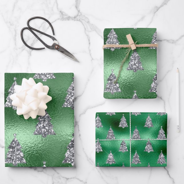 Elegant Silver Trees Christmas Wrapping Paper Sheet (Front)