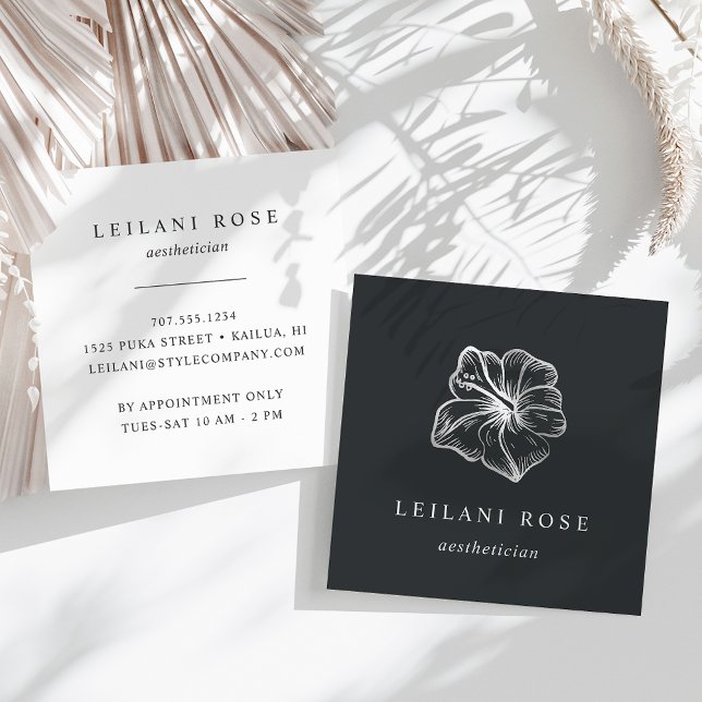 Elegant Silver Tropical Hibiscus Flower Square Business Card (Creator Uploaded)