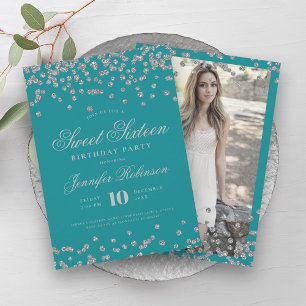 Elegant Silver Turquoise Confetti Photo Sweet 16 Invitation