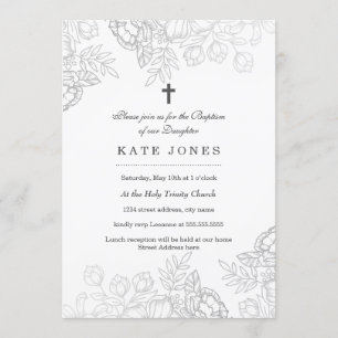 Elegant Silver Vintage Floral Baptism Invite
