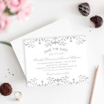 Elegant Silver Vintage Glamour Wedding Save The Date<br><div class="desc">Elegant vintage inspired wedding save the date announcements a platinum grey / silver coloured ornate decorative border design that has a metallic shimmer textured appearance. The Luxe Pearl Shimmer cardstock option enhances the metallic look of the gold colours.</div>