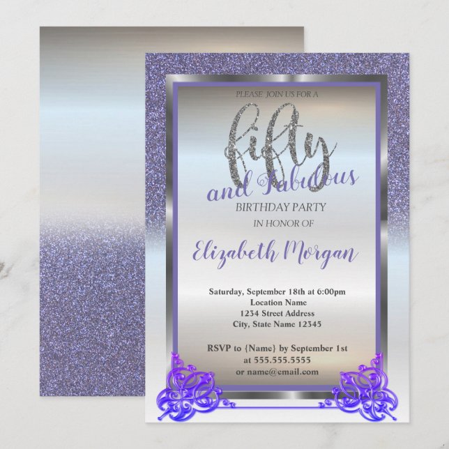 Elegant Silver, Violet Glitter 50th Birthday Party Invitation (Front/Back)