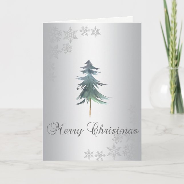 Elegant Silver Watercolor Christmas Tree,Glitter Holiday Card (Front)