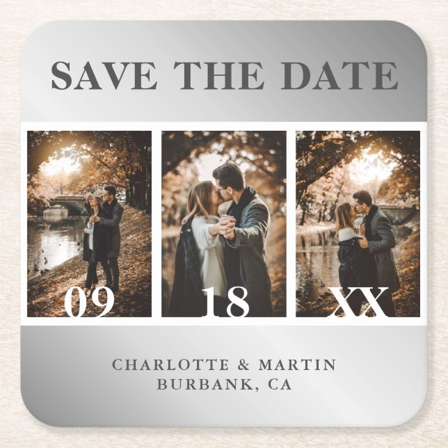 Elegant Silver Wedding Photo Collage Save The Date Square Paper Coaster (Front)