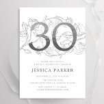 Elegant Silver White 30th Birthday Invitation<br><div class="desc">Elegant silver white 30th birthday party invitation. Customisable modern feminine design featuring roses botanical accents and faux glitter silver. Simple floral invite card perfect for a stylish female bday celebration. Personalise with your own details. Printed Zazzle invitations or instant download digital printable template.</div>