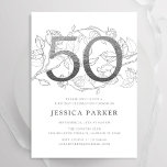 Elegant Silver White 50th Birthday Invitation<br><div class="desc">Elegant silver white 50th birthday party invitation. Customisable modern feminine design featuring roses botanical accents and faux glitter silver. Simple floral invite card perfect for a stylish female bday celebration. Personalise with your own details. Printed Zazzle invitations or instant download digital printable template.</div>