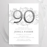 Elegant Silver White 90th Birthday Invitation<br><div class="desc">Elegant silver white 90th birthday party invitation. Customisable modern feminine design featuring roses botanical accents and faux glitter silver. Simple floral invite card perfect for a stylish female bday celebration. Personalise with your own details. Printed Zazzle invitations or instant download digital printable template.</div>