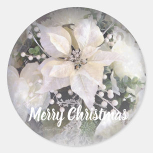 Elegant Silver & White Christmas Poinsettia Classic Round Sticker