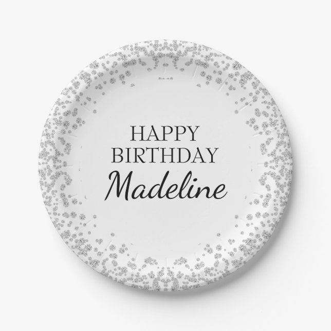Elegant Silver White Diamond Glitter Birthday Paper Plate (Front)
