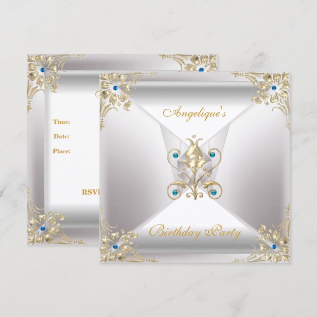 Elegant Silver White Gold Blue Jewel Birthday Invitation (Front/Back)