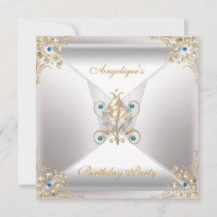 Elegant Silver White Gold Blue Jewel Birthday Invitation