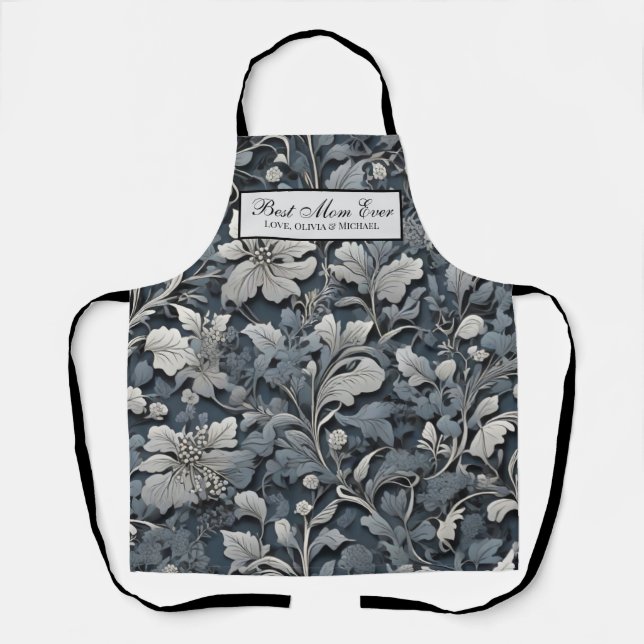 Elegant silver white grey floral apron (Front)