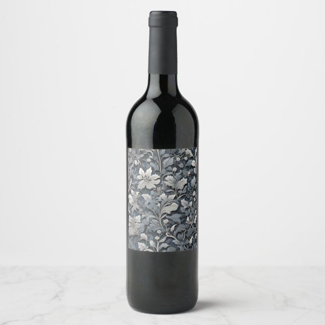 Elegant silver white grey floral wine label (Front)