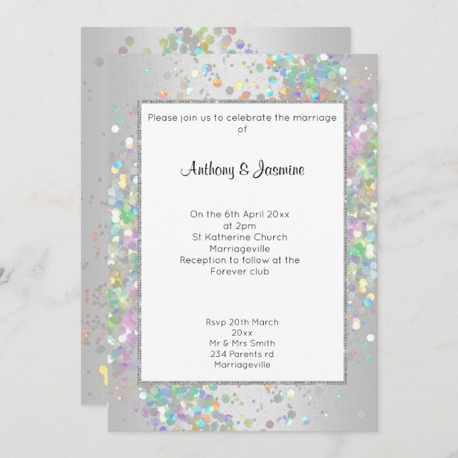 ELEGANT SILVER WHITE HOLOGRAPHIC PASTEL WEDDING  INVITATION (Front/Back)