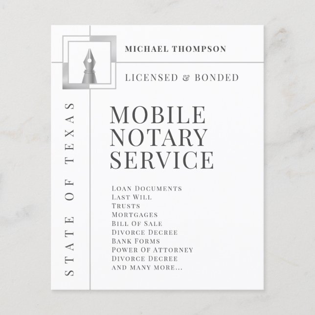 Elegant silver white ink pen notary  flyer (Front)