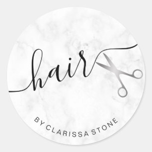 Elegant silver & white marble scissors hairstylist classic round sticker
