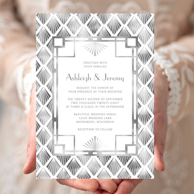 Elegant Silver White Vintage Deco Pattern Wedding Invitation (Creator Uploaded)