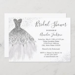 Elegant Silver White Wedding Gown Bridal Shower Invitation